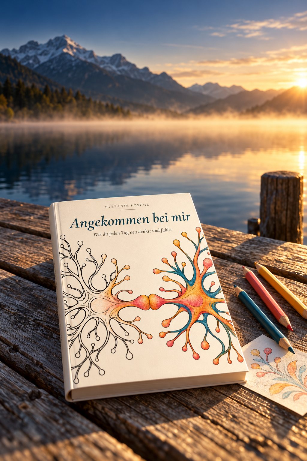 Buch „Angekommen bei mir“ mit Buntstiften auf einem Holzsteg am Bergsee im Morgenlicht