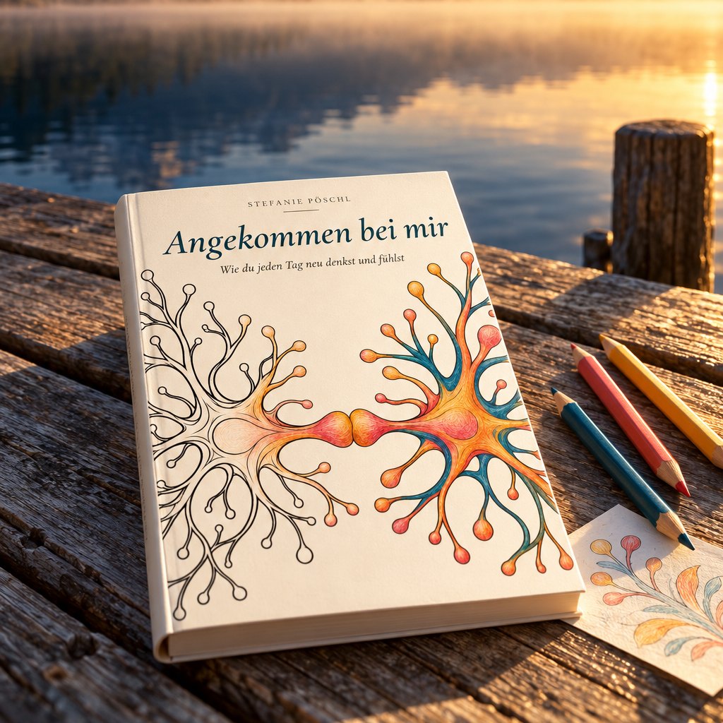 Buch „Angekommen bei mir“ mit Buntstiften auf einem Holzsteg am Bergsee im Morgenlicht