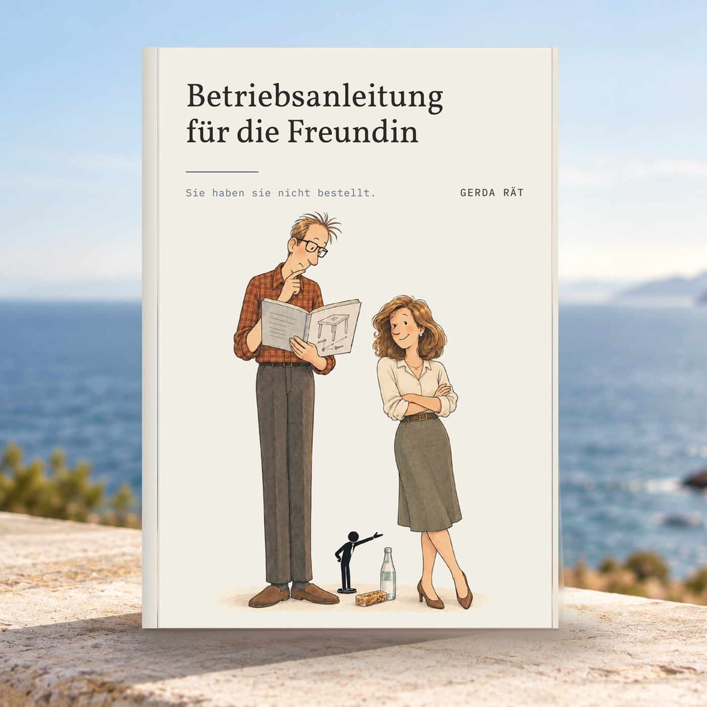 Buch „Betriebsanleitung für die Freundin“ auf einer hellen Natursteinmauer am Meer
