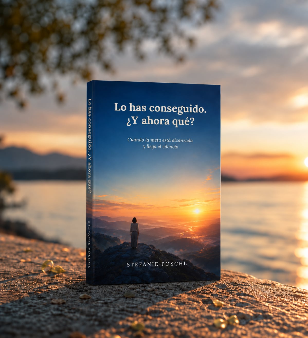 El libro «Lo has conseguido. ¿Y ahora qué?» sobre un muro de piedra junto al mar al atardecer