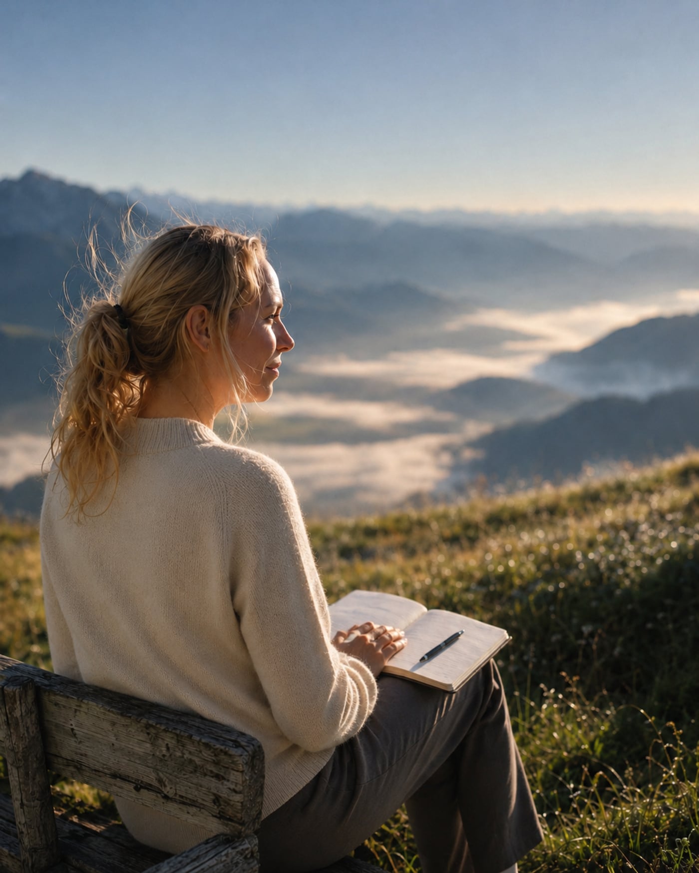 Eine Frau sitzt im Morgenlicht auf einer Holzbank, ein Notizbuch auf den Knien, und blickt über die Berge