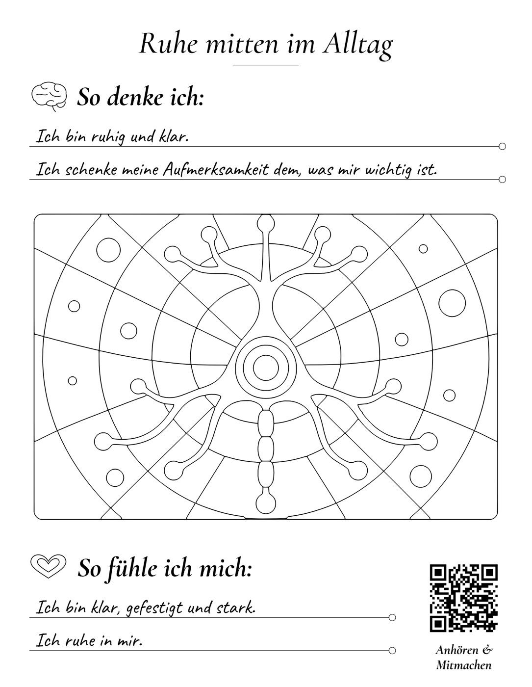 Probekarte „Ruhe mitten im Alltag“ mit Ausmalmotiv, Sätzen und QR-Code